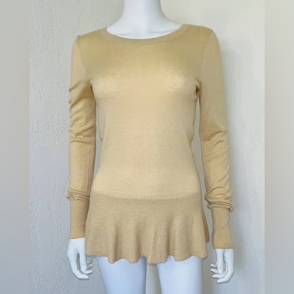 Lilly Pulitzer Aurora Beige Tan Rib Wool Knit Long Sleeve Peplum Sweater